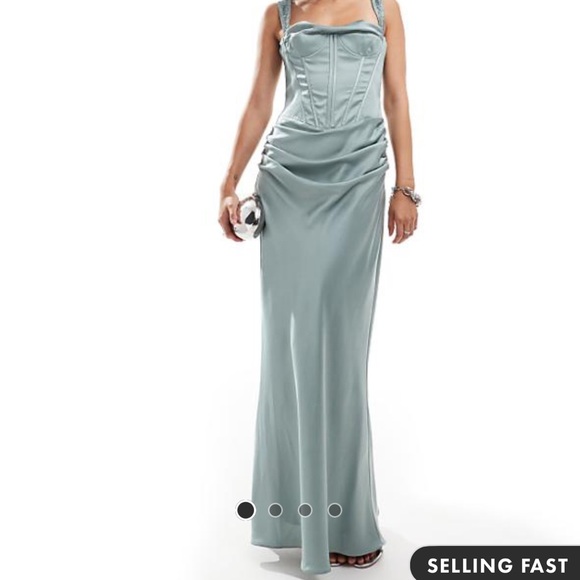ASOS DESIGN corset detail draped satin maxi dress with lace up back in sea green - Picture 2 of 4